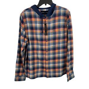 Edgar + Ash Mens Hooded Flannel Shirt M Blue & Orange Plaid Button Front Long Sl